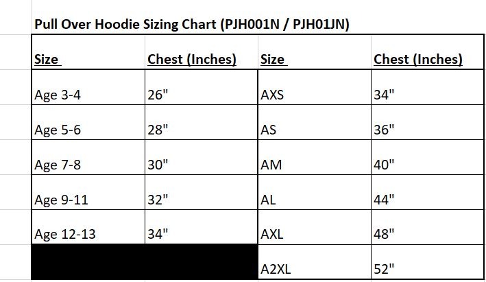 Pull Over Hoodie Size Chart