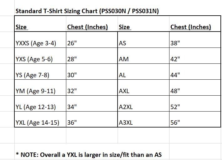 Standard T-Shirt Size Chart