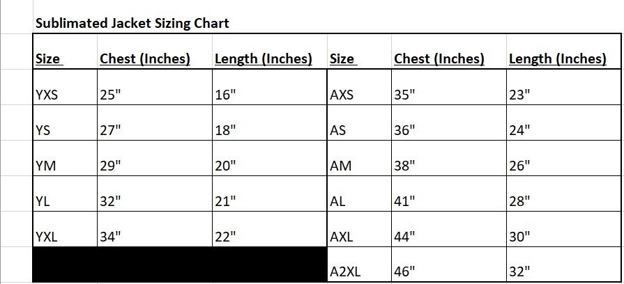 Sublimated Jacket Size Chart