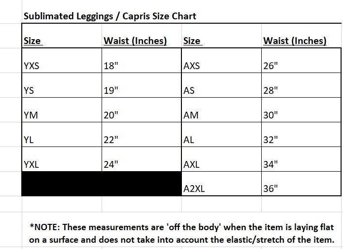 Sublimated Leggings Size Chart